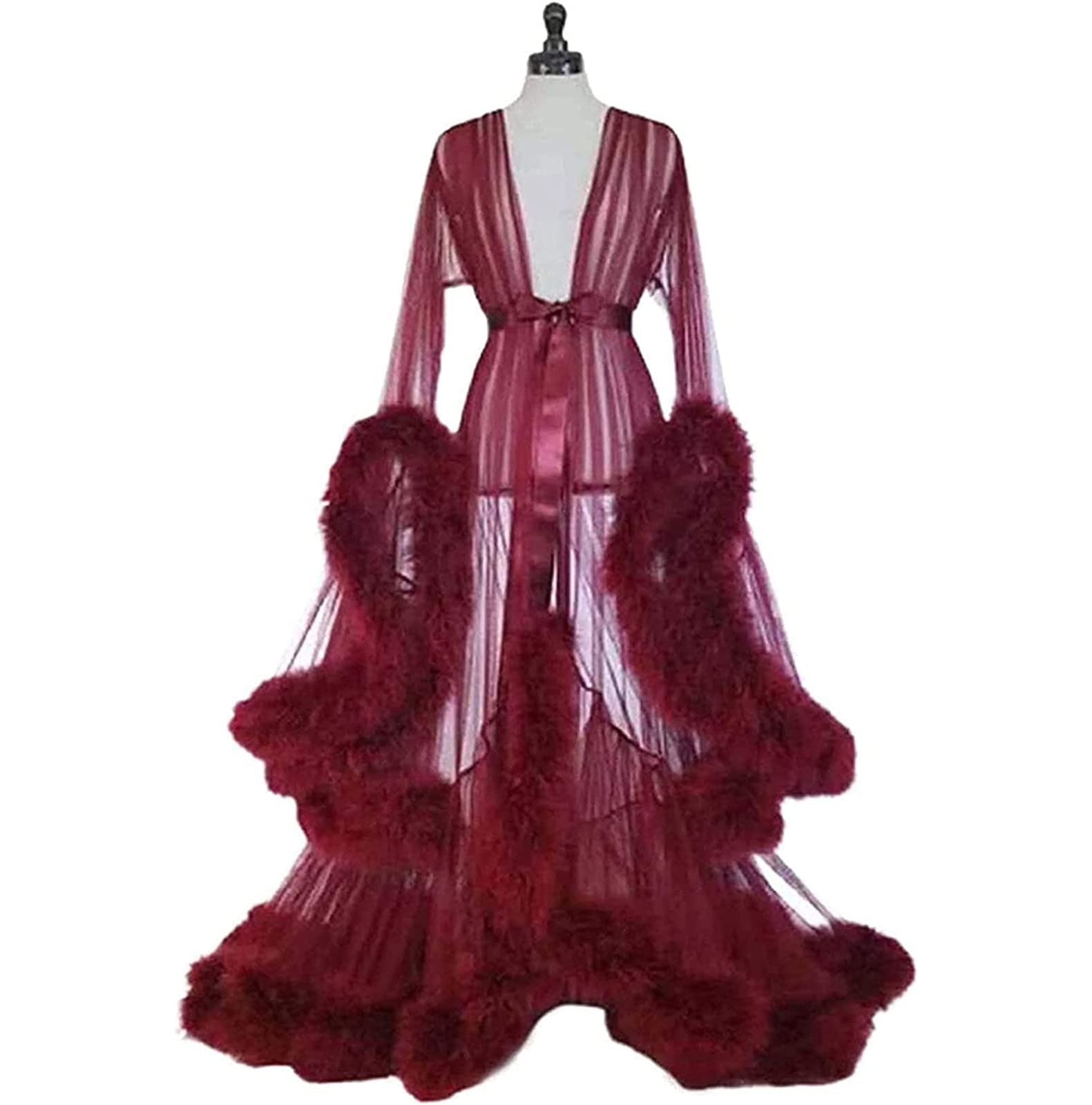 Fluffy Tulle Maternity Robe for Women Old Hollywood Feather Robe Sexy Tulle Silk Nightgown Bathrobe - XL - Red