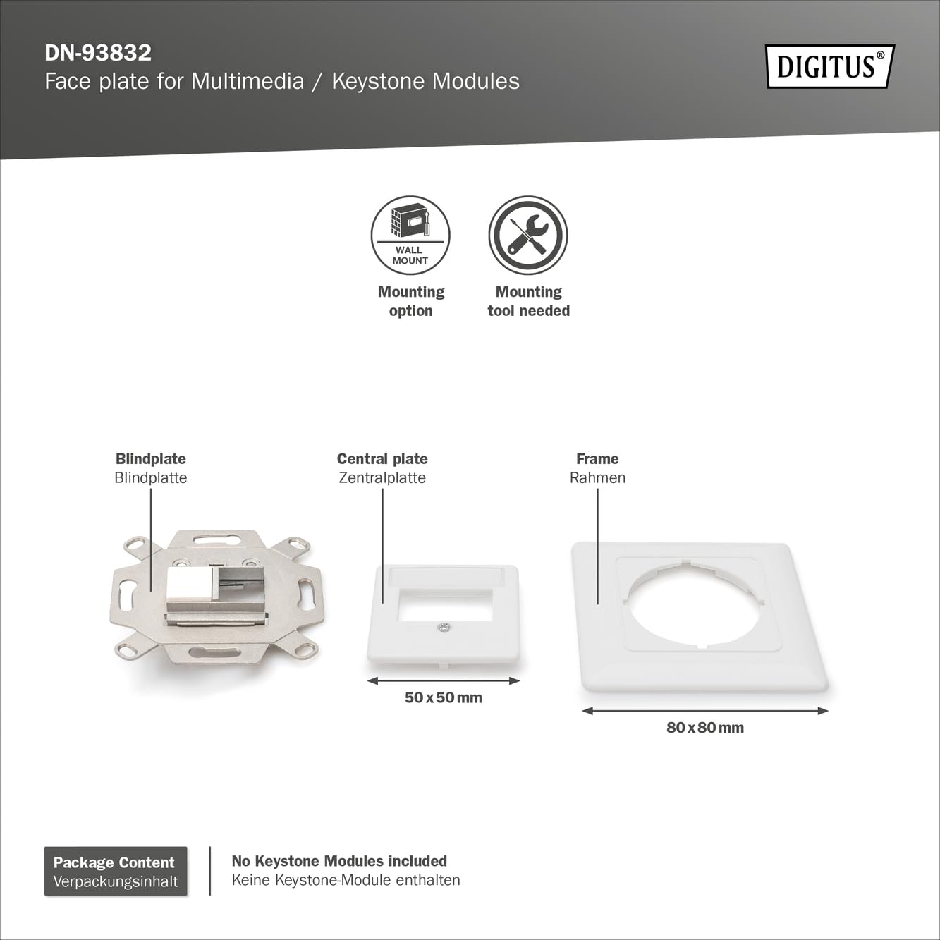 DIGITUS 10x Anschlussdose 2 Port – Auslass Gerade – Für Multimedia Keystone-Module + 20x Keystone-Kupplung HDMI 2.0 – Weiß