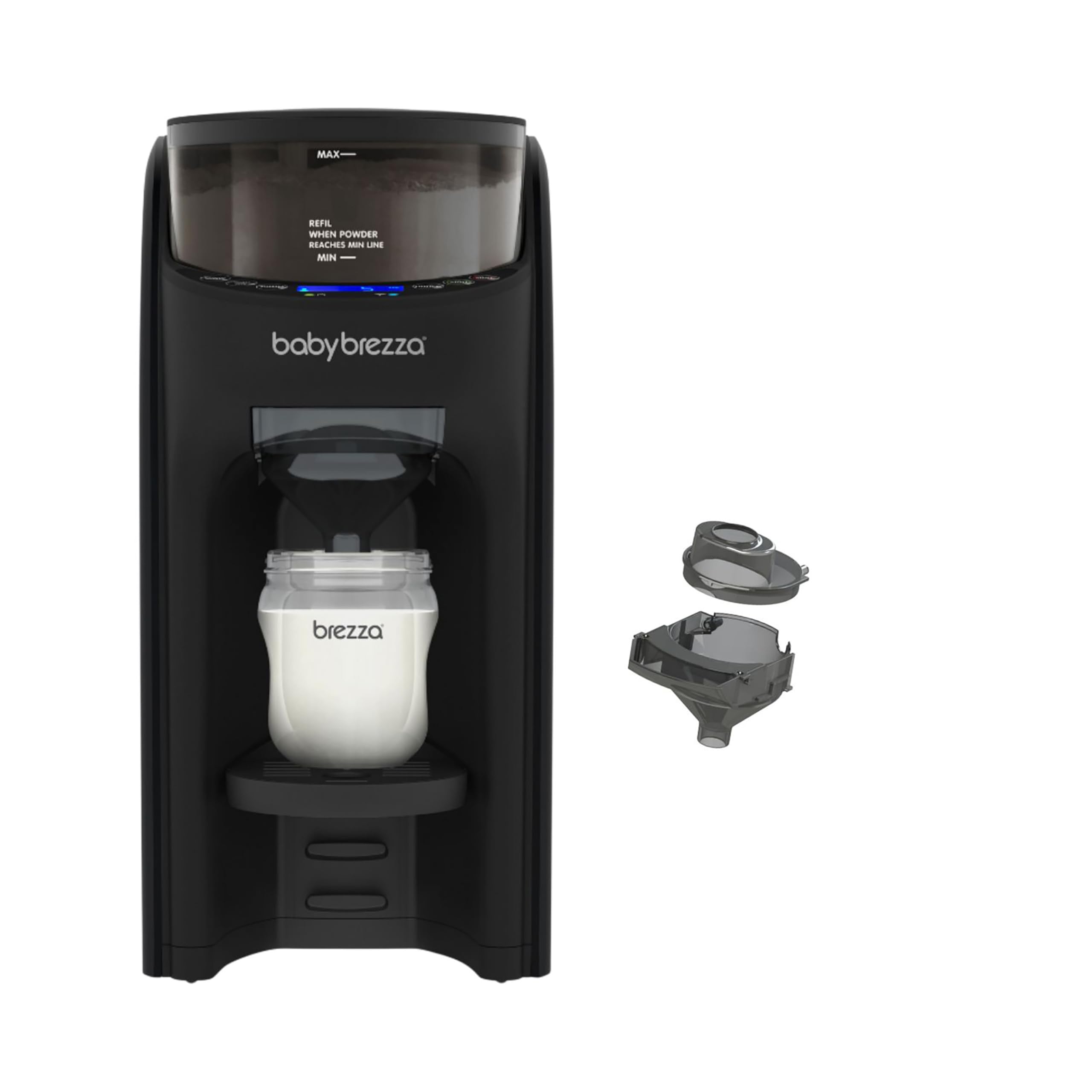 Baby Brezza Formula Pro Advanced – Automatischer Flaschenzubereiter | Mischt Milchpulver & Wasser perfekt – Mit 2 Milchpulvertrichtern (1 im Gerät, 1 extra) – 3 Temperaturen – BPA-frei – schwarz