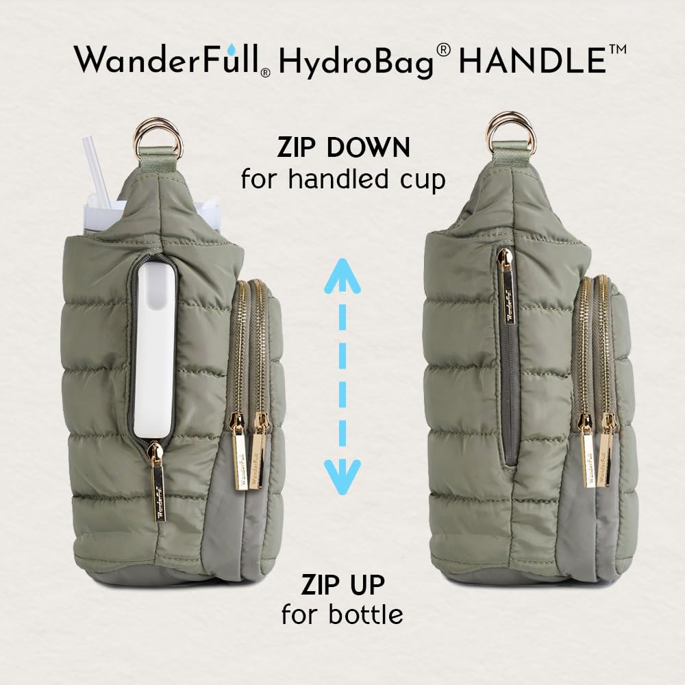 WanderFull HydroBag, maniglia con cerniera per manico, porta bottiglia d'acqua da 1,18 l, con tracolla, borsa a tracolla con tasca per telefono, accessori per bicchieri, verde salvia con cinturino in