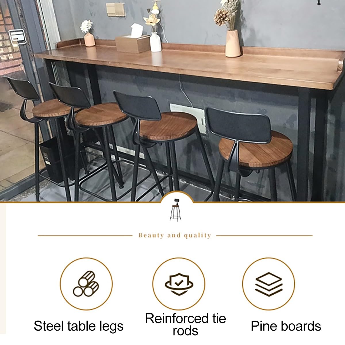 Mesa de bar de madera, mesa de comedor alta industrial para cocina, cafetería, mostrador de desayuno
