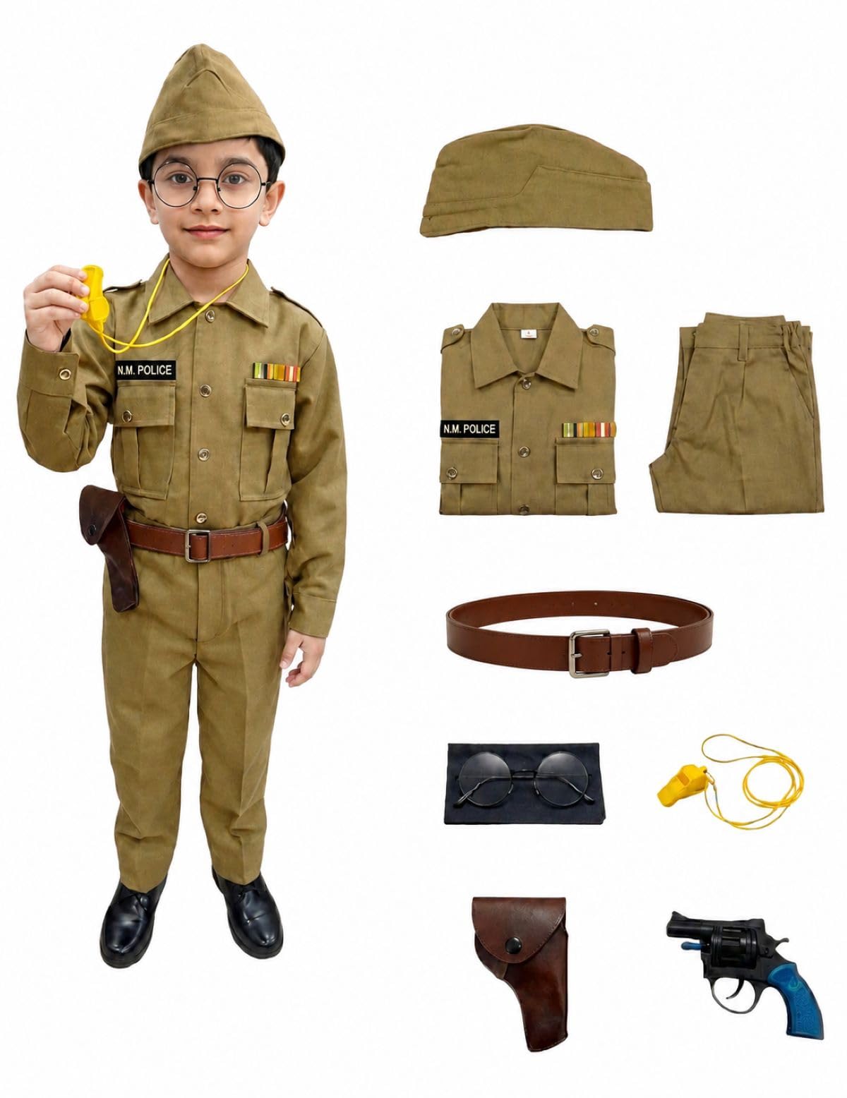 BookMyCostume 8-Pcs Netaji Subhash Chandra Bose Indian National Leader Dress | Freedom Fighter Costume for Kids | Patriotic Independence Day, School Annual Function & Fancy Dress | Khaki 4-5 Years discount deal