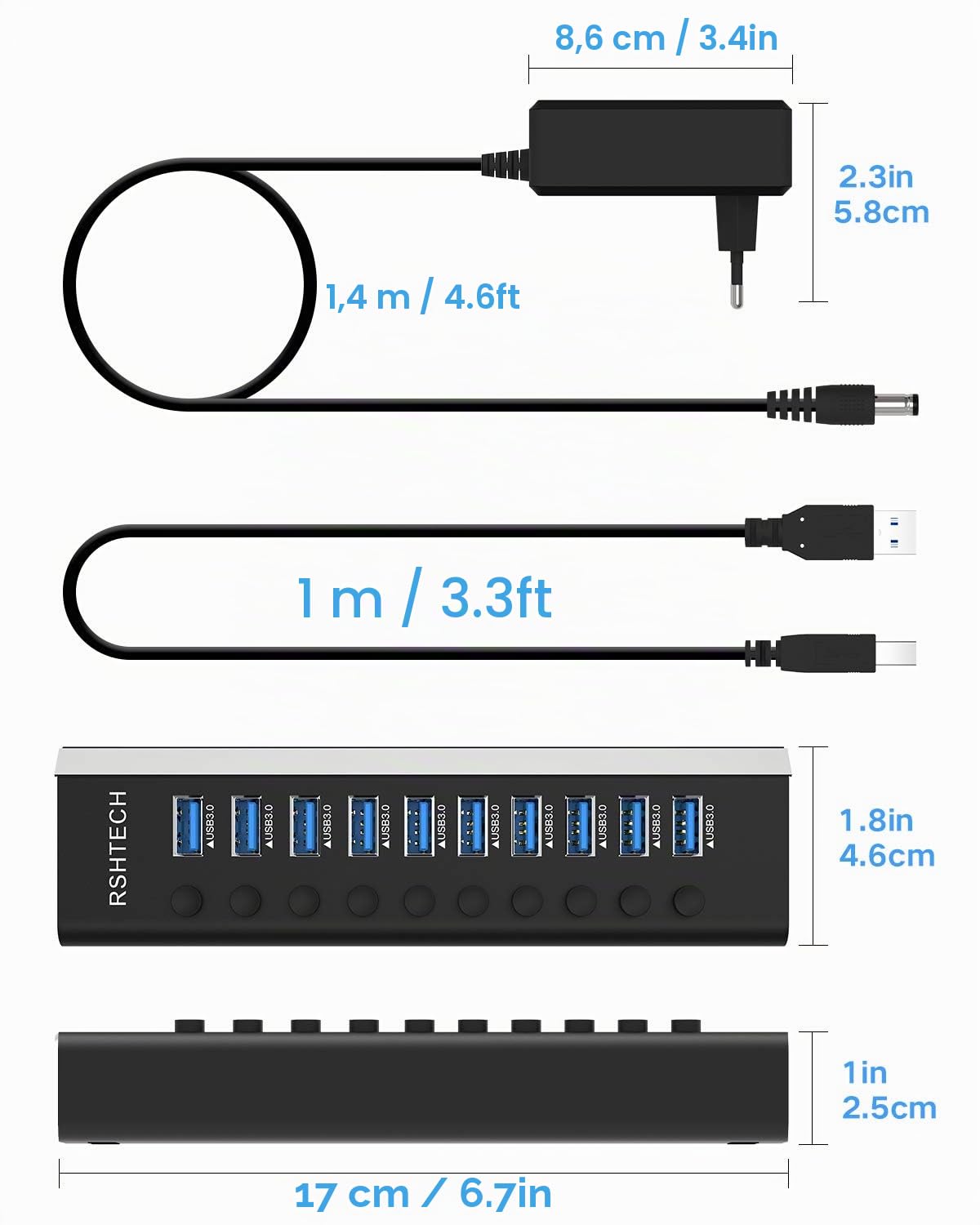 RSHTECH Hub USB Attivo 3.0 con 36W(12V/3A) di Alimentazione Alluminio 10 Porte USB 3.0 Hub con Interruttori di LED e Adattatore di Alimentazione Separati per Linux, Windows, Mac OS e Altro (RSH-A10)