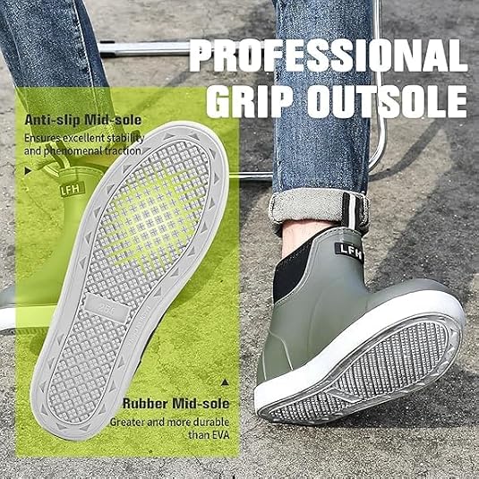 Deck Boots Mens, Rain Boots Anti-Slip Fishing Booties Waterproof Ankle Rain Shoes Rogue Wave Durable Rubber Boots Outdoor Footwear