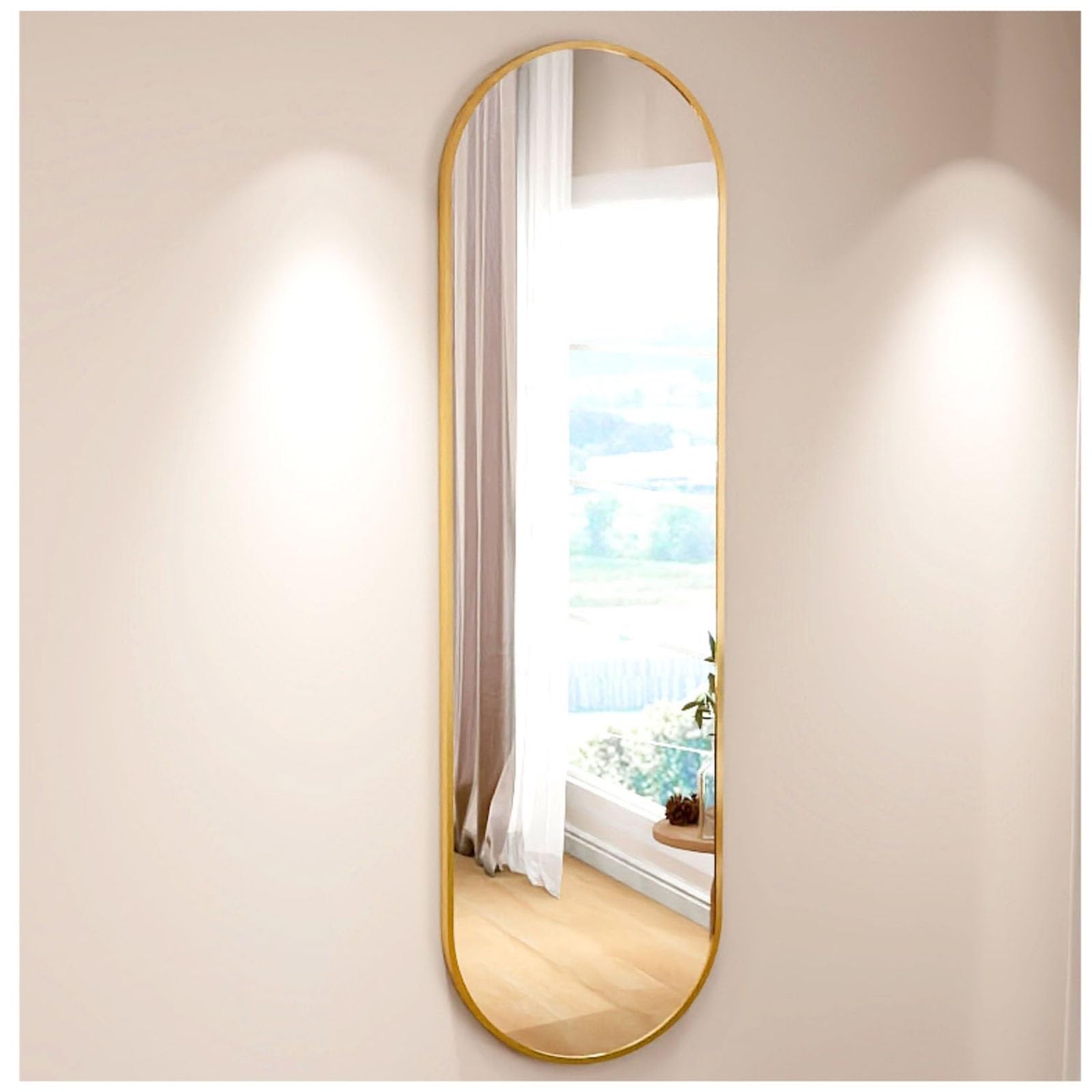 Espejo De Cuerpo Entero Ovalado De Pared, Espejo De Tocador Colgante con Marco De Metal, Espejo Decorativo HD para Entrada Recibidor Baño Salón(Gold,40x150cm)