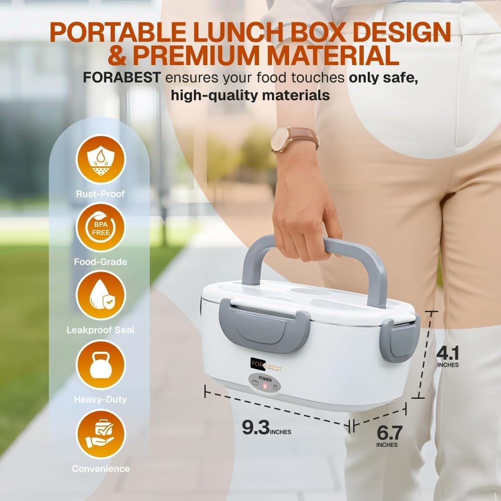 Close-up of the FORABEST Electric Heated Lunch Box showing its compact design and dimensions (9.3 inches length, 6.7 inches width, 4.1 inches height).