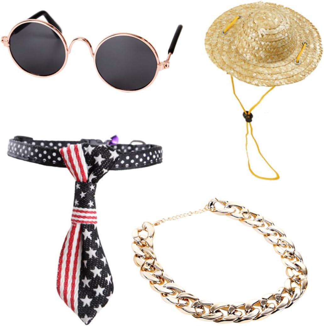 Didiseaon 12pcs Vintage Pet Jewelry Stylish Sunglasses Straw Hat Chain Necklace Tie for Dogs and Cats for Parties Photos and Special Occasions
