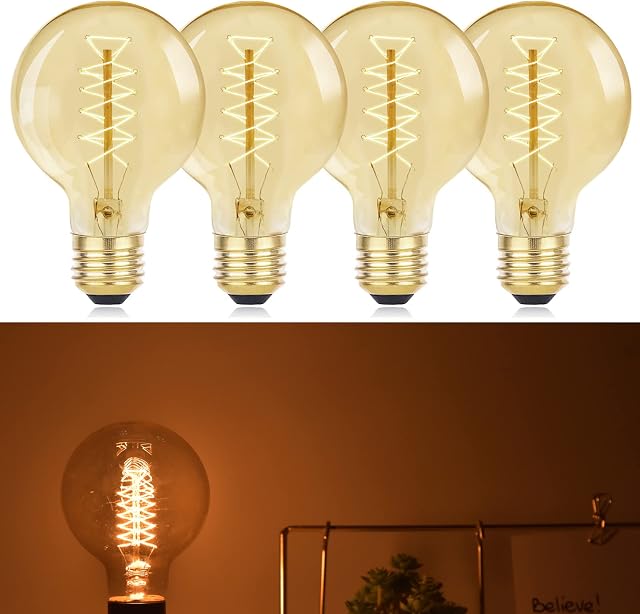 Bonlux E27 Edison Bulb 60W, Vintage G80 Edison Light Bulbs Decorative Spiral Filament Bulb E27/ES Edison Screw Antique Style Retro Amber Glass Screw Lamp Warm White 2800K, 4-Pack
