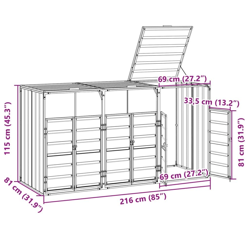 vidaXL Cobertizo de 3 contenedores Basura Acero Gris 216x81x115 cm, cobertizo para Cubos de Basura, cobertizo de Cubos para Exterior, caseta para Cubos de Basura