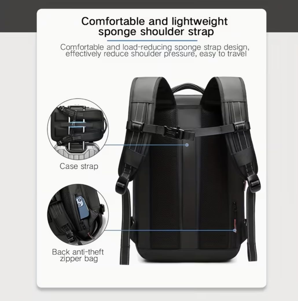 Sac à dos de voyage à compression sous vide avec serrure à combinaison, compartiment pour ordinateur portable de 17 pouces et manchon de chariot - Sac à dos robuste de haute qualité pour la randonnée