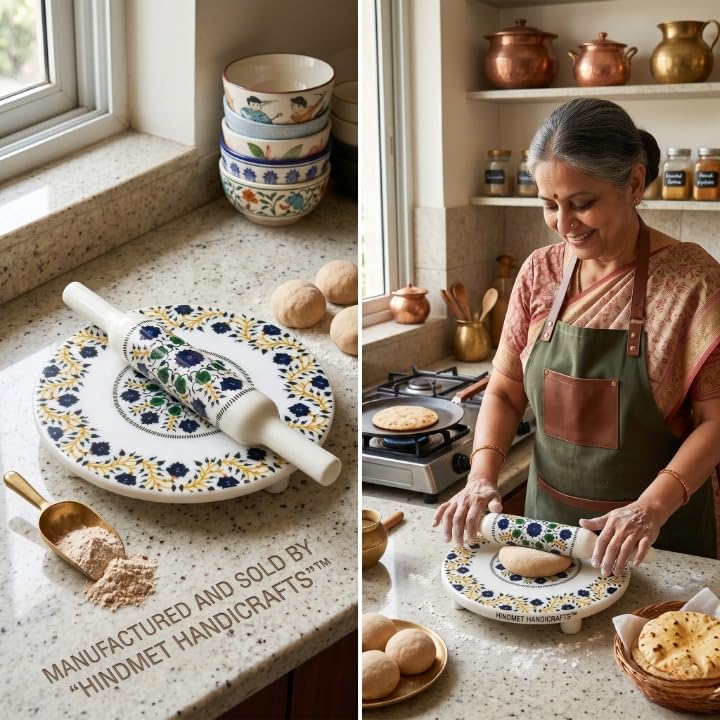 Image of Modern Floral Design Marble Chakla Wooden Belan | Printed 10 Inch Enamel Roti Maker with Belan | Heavy Duty Non-Slip Chakla for Roti, Chapati, Paratha |Kitchen Rolling Board (1 Set) (5.Flower Bell)