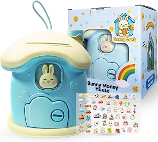 Bunny House Coin Bank for Kids - Durable Rabbit Piggy Bank with Handle & Lock - Cute Toddler Savings Jar for Girls & Boys - Kawaii Nursery Room Decor - First Money Box Gift - Blue