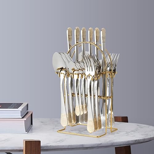 Miniatura 2 de Juego de cubiertos de 72 piezas para 18, juego de cubiertos de acero inoxidable, moderno juego de cubiertos con detalles dorados, cuchillo, tenedor,