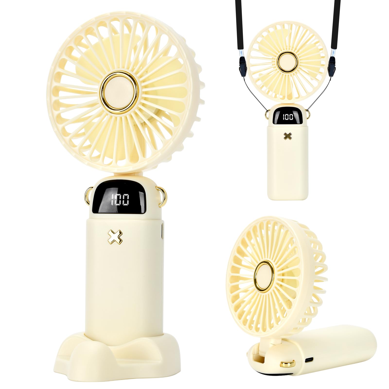 HZD Ventilatore Portatile, Mini Ventilatore Portatile USB Ricaricabile | 5 Velocità, Silenzioso Ventilatore Tavolo Piccolo, 90° Pieghevole per Viaggi, Ufficio e Uso all'aperto (Bianco Sporco)