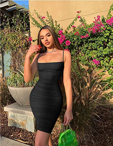 Image of BEAGIMEG Women's Sexy Spaghetti Strap Bodycon Ruched Club Mini Party Dress