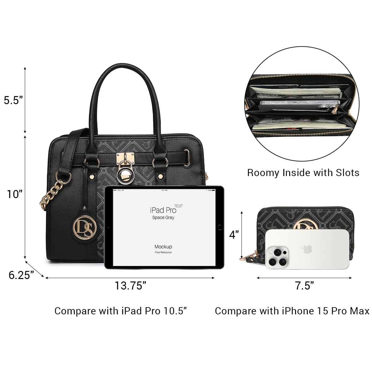 Dasein Set di borse a mano da donna, con manico superiore, borsa a tracolla grande, borsa da lavoro con portafoglio abbinato, Monogramma Nero, 13.75 inches (W) x 11 inches (H) x 6.25 inches (D)