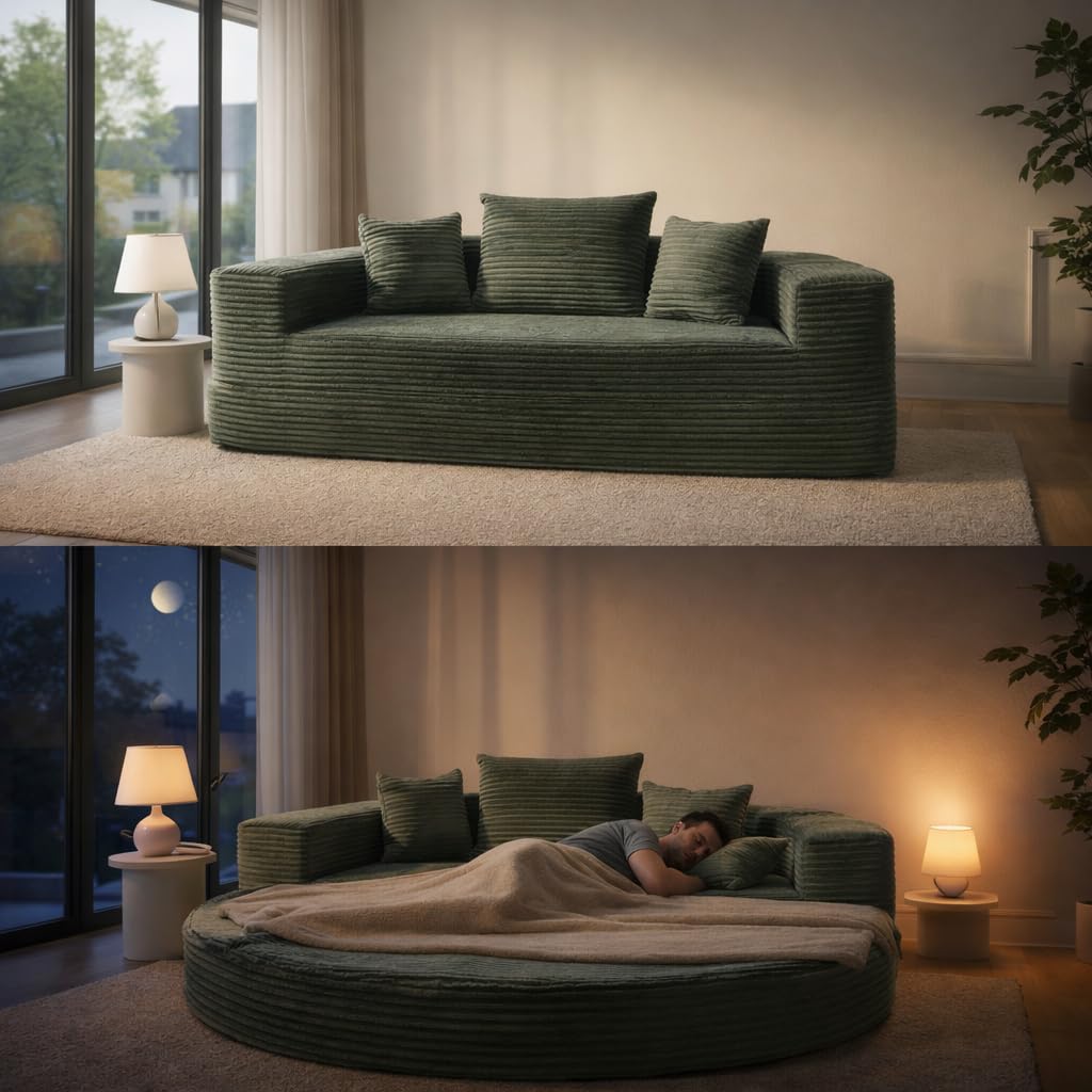 2-in-1 Schlafsofa Rundliege 180×180 cm, Faltbares Cordstoff Sofa Bett mit Kissen, Halbkreis Sofa zu Rundbett Ausziehbar, Boden Schlafsofa für Wohnzimmer, Balkon & Lounge (Grün)