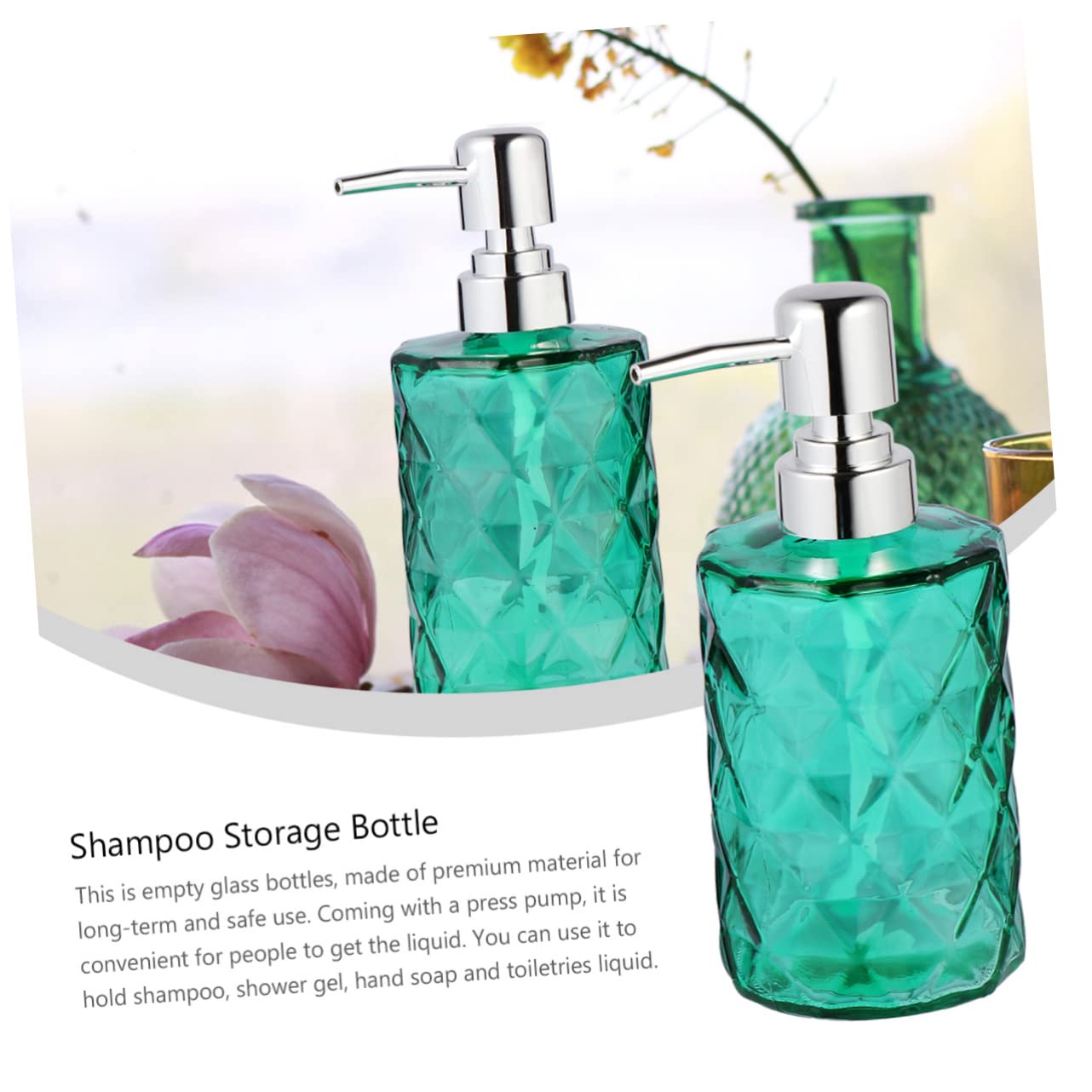 Flacone Dispenser Shampoo 330ml Verde in Vetro e Plastica, 2 Pezzi | Ampia Apertura per Ricarica Facile, Testina Pompa Removibile, Design Moderno Compatto