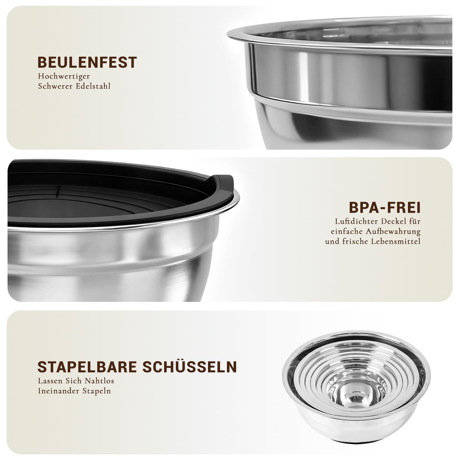 INMORVEN Edelstahl Schüssel Set mit Deckel - 6-teilige Rührschüsseln (0.96-4L) aus 18/10 Stahl, spülmaschinenfest & stapelbar für Küche & Aufbewahrung (Schwarz)