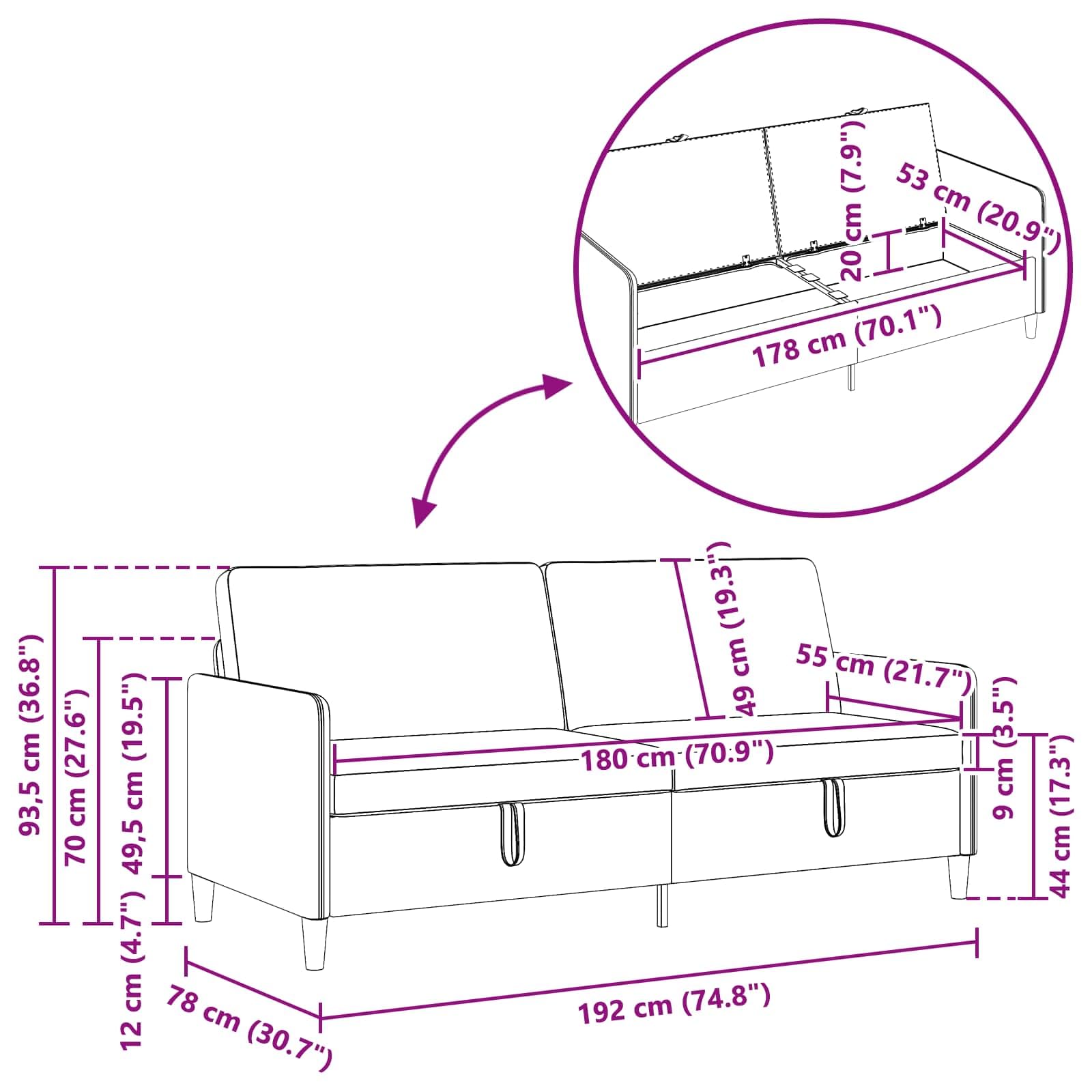 Canapé avec espace de rangement, taupe, 192 x 78 x 87 cm, polyester, canapé 3 places avec housse amovible, design peu encombrant, fonction relaxation, idéal pour le salon et la chambre d'amis