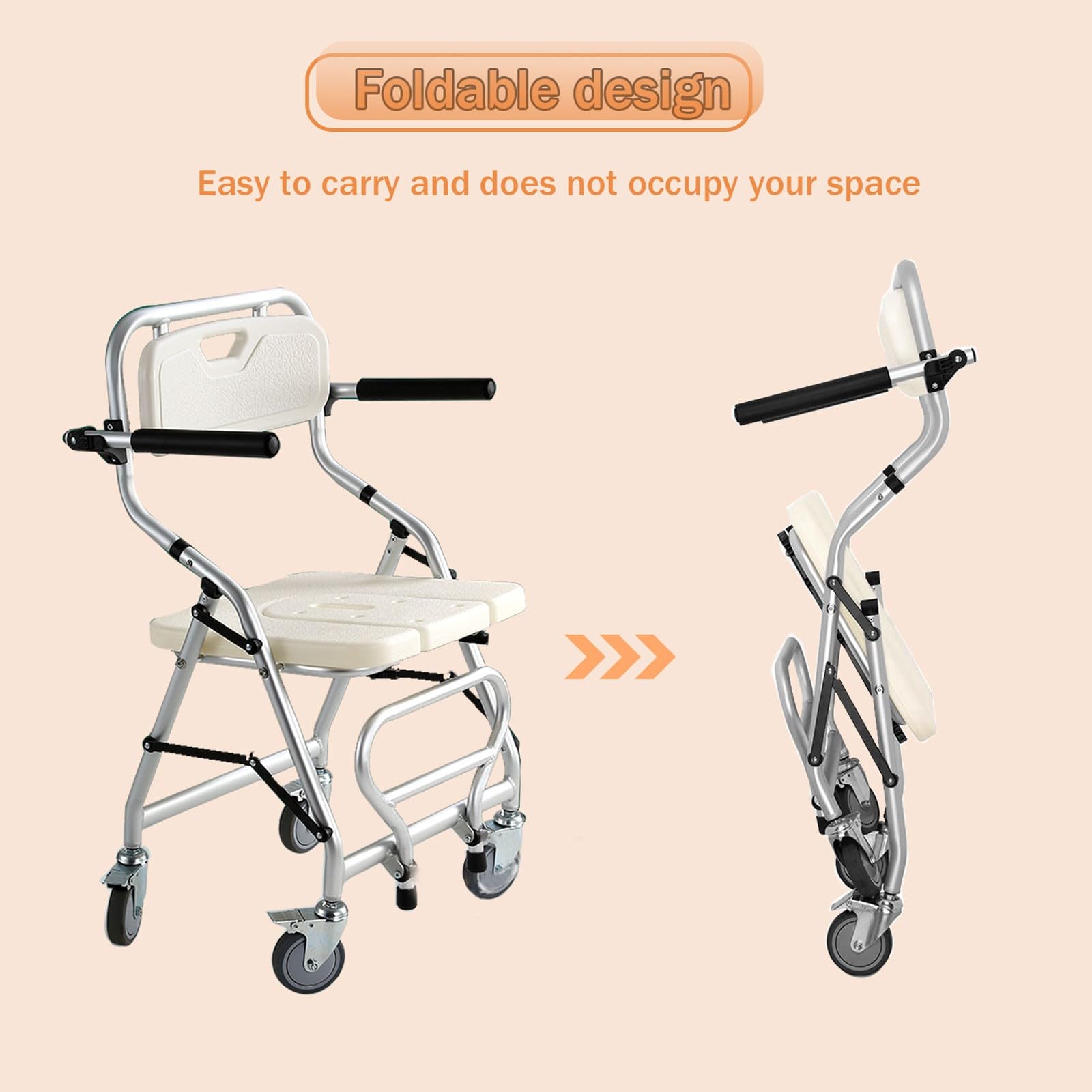Silla de Ducha con Ruedas Plegable, Silla de Baño para Mayores con Ruedas y Frenos, Taburete de Ducha de Aluminio para Uso de Personas Mayores con un Peso de hasta 120kg