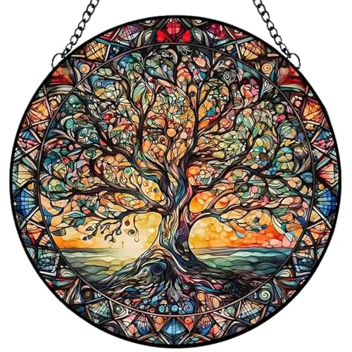 Tree of Life Suncatcher Indoor/Outdoor Stained Glass Window Hanging - Handmade Stained Glass Suncatchers for Windows Hanging - Decoration for Home Garden Christmas Party Wedding Housewarming Gifts
