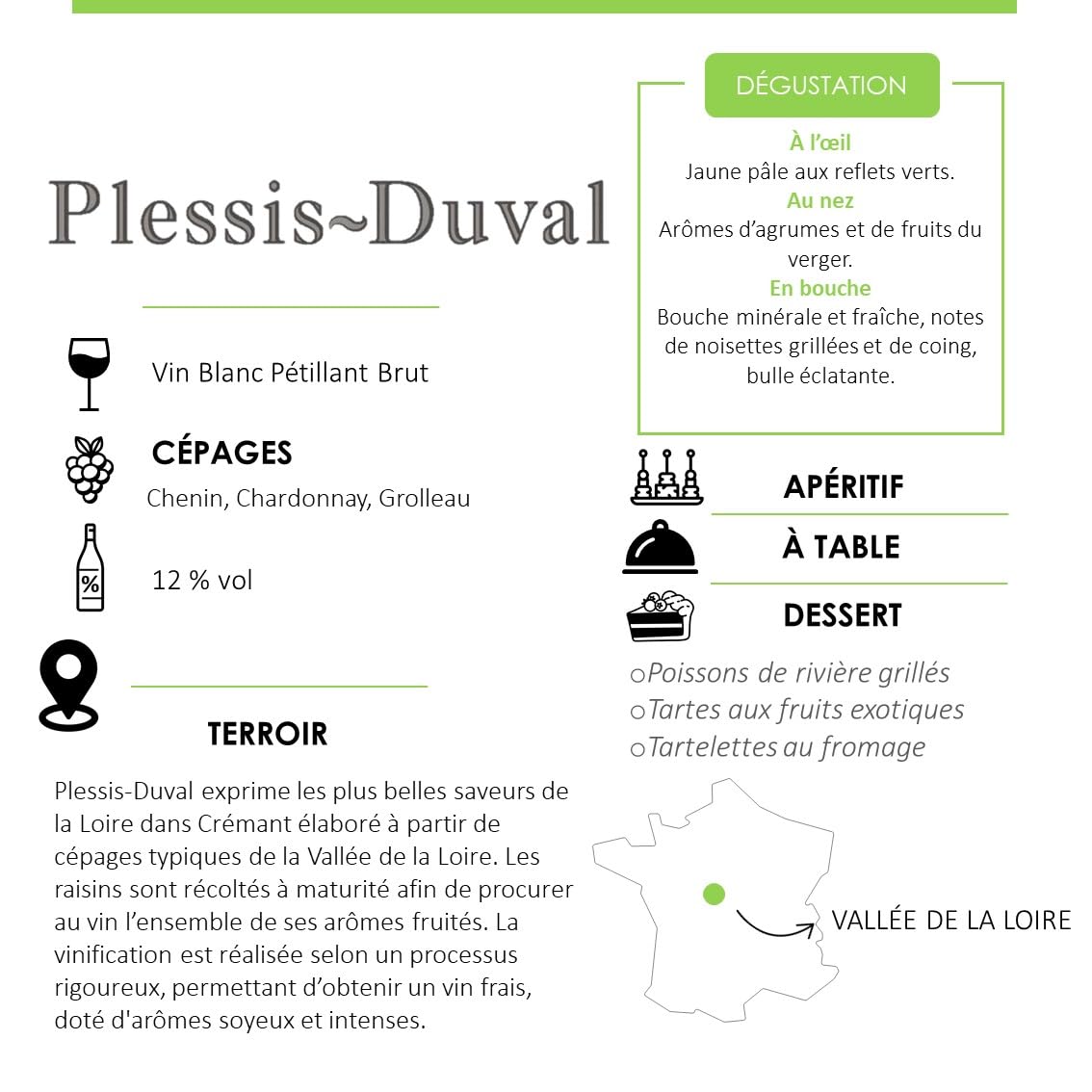 Plessis Duval AOP Crémant de Loire Brut Blanc - Französischer weißer Schaumwein - 6 x 0,75L - ideal als Aperitif und Dessert