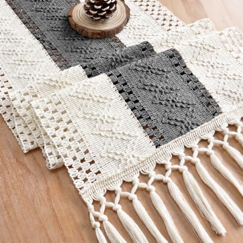 Image of FEXIA Boho Table Runner with Tassels for Home Decor 12x72 Inches Grey | 72 Inches Long Modern Farmhouse Rustic Burlap Table Decoration for Bedroom Living Dining Room Baby Shower Autumn Decor