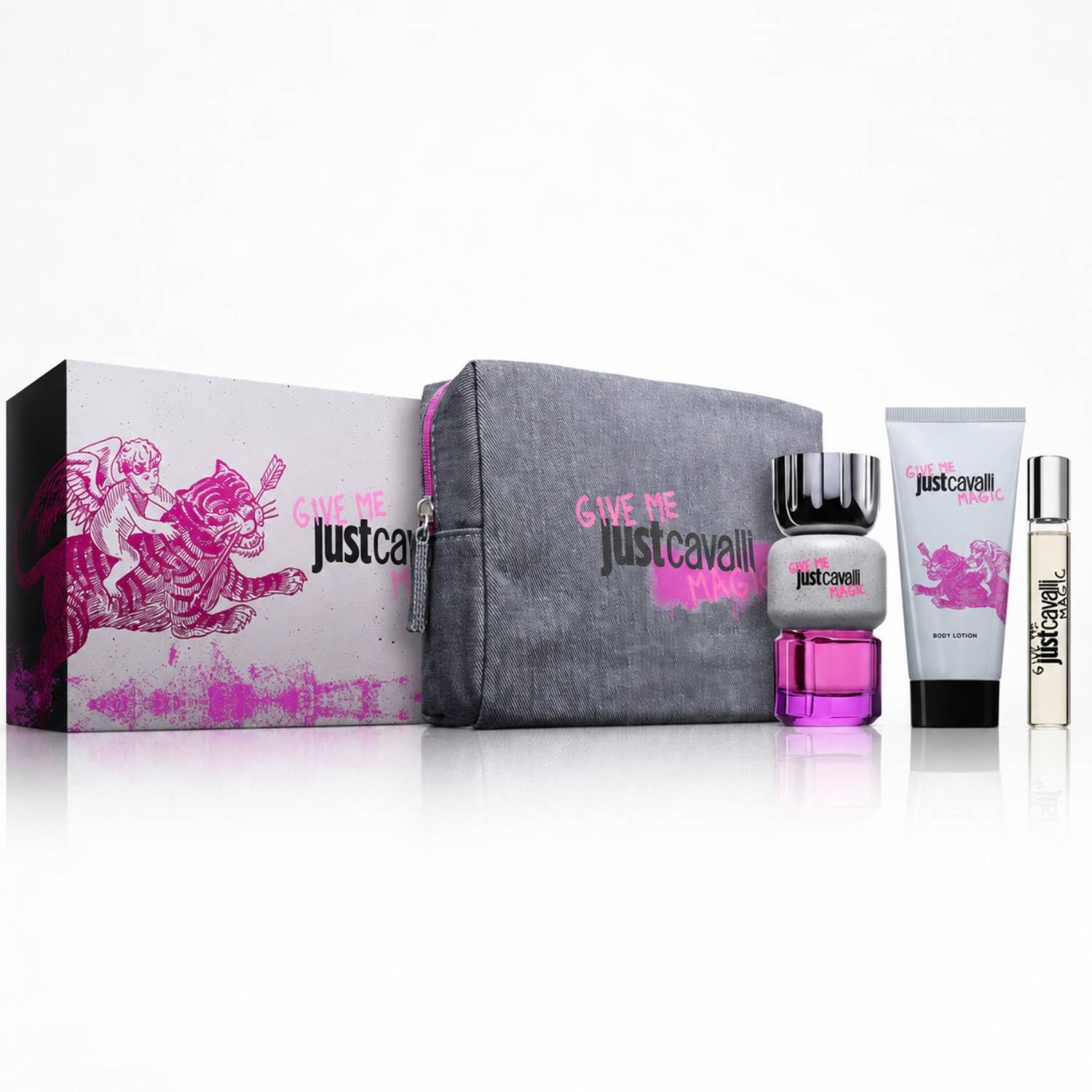 Just Cavalli Give Me Magic Geschenkset für Damen, Eau de Parfum 90 ml, Körpercreme 100 ml, Travel Spray 15 ml und Clutch, orientalischer holziger Duft