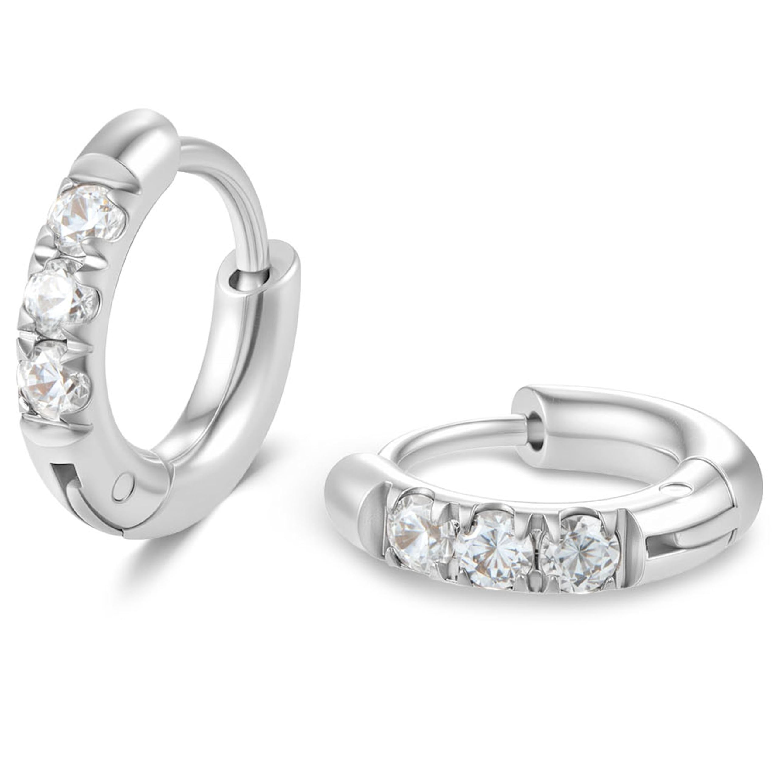 Hypoallergenic Unisex Surgical Steel Small Cubic Zirconia Huggie Hoop Earring, Color Gold - Silver - Rose Gold - Black - Rainbow, Size 6mm- 12mm Safe for Sensitive Ear