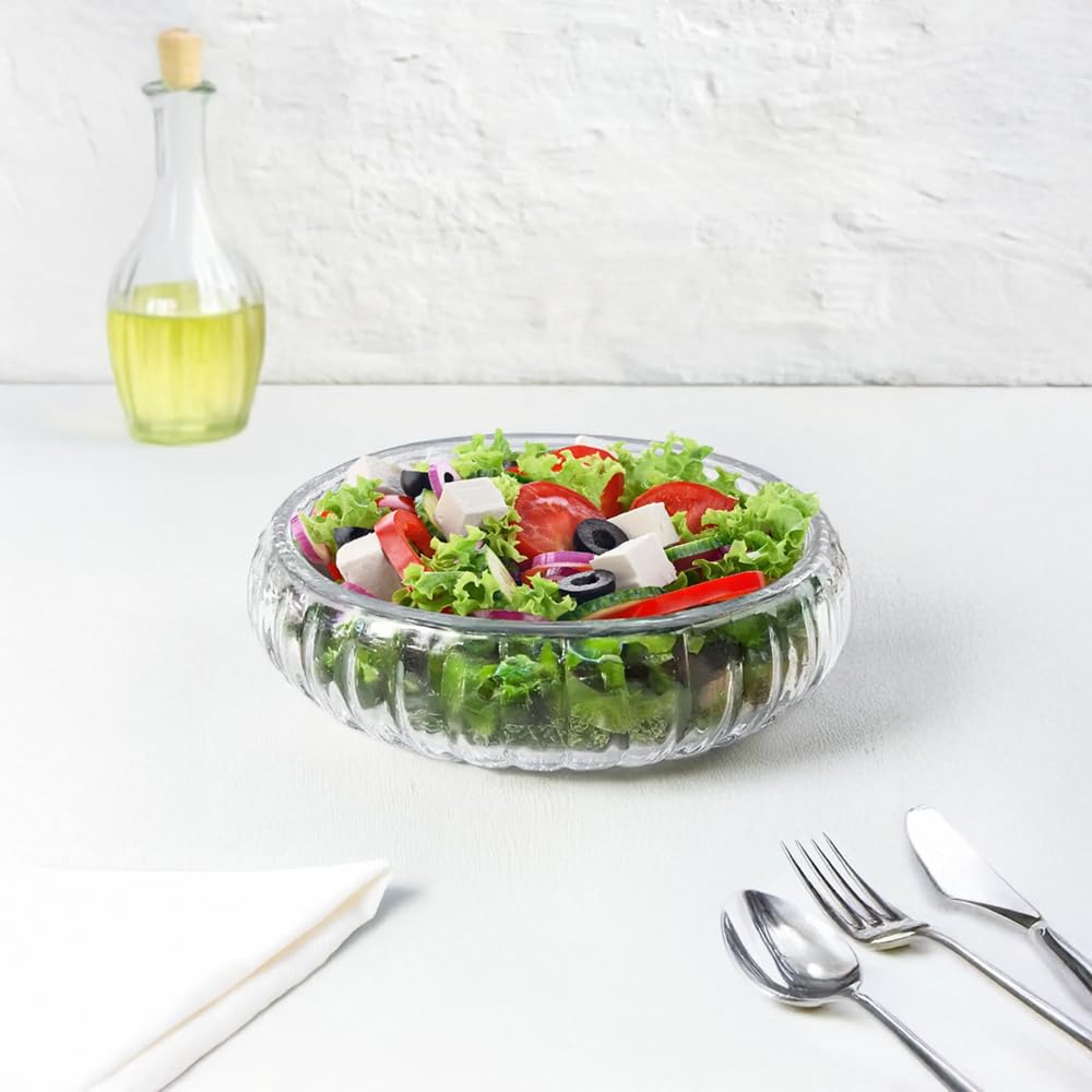 Handgemachte große Glasschüssel 24 cm – Geblasenes Streifen-Design – Spülmaschinengeeignet, BPA-frei – Ideal zum Servieren von Salaten, Obst & Snacks
