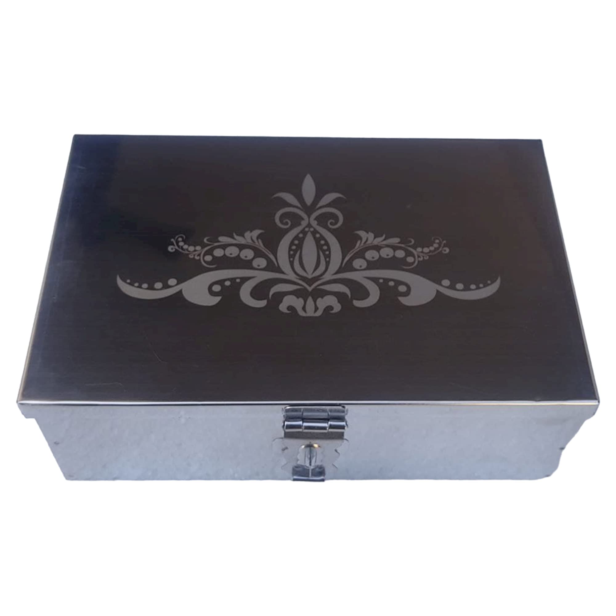 Generic Stainless Steel Storage Boxes,Cash Peti, Pooja Peti,Organizer, Vanity Box, Safe Locker Box 8 inch Storage Box (Steel) W-8", H-2.50", L-5" Cash Box With Laser Print Design (B0BGFP74LH) Amazon Price History, Amazon Price Tracker