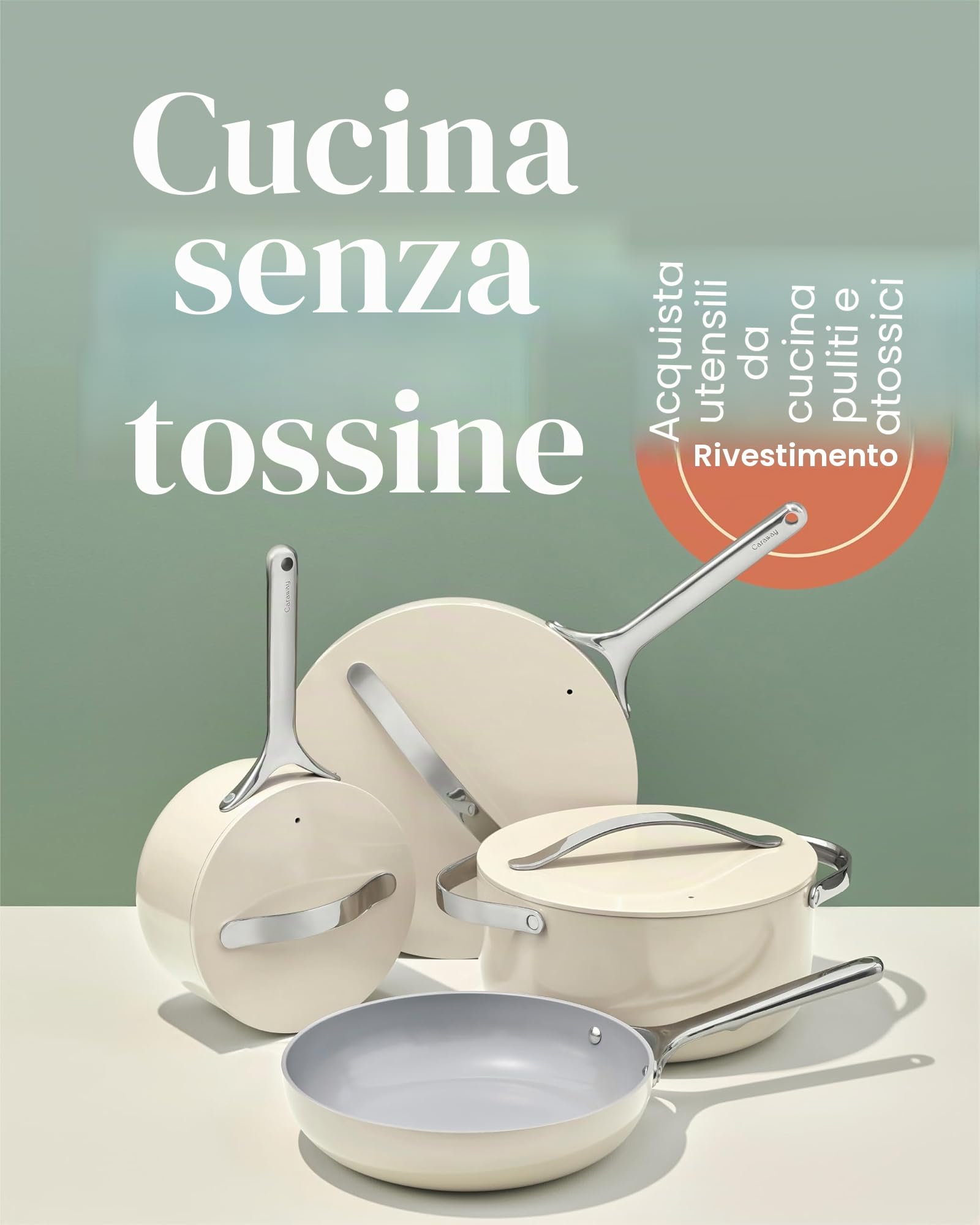 Caraway Set di pentole in ceramica antiaderente (12 pezzi), pentole, padelle, coperchi e contenitori da cucina, senza PFAS e PFOA, set di padelle adatte al forno e compatibili con tutti i piani
