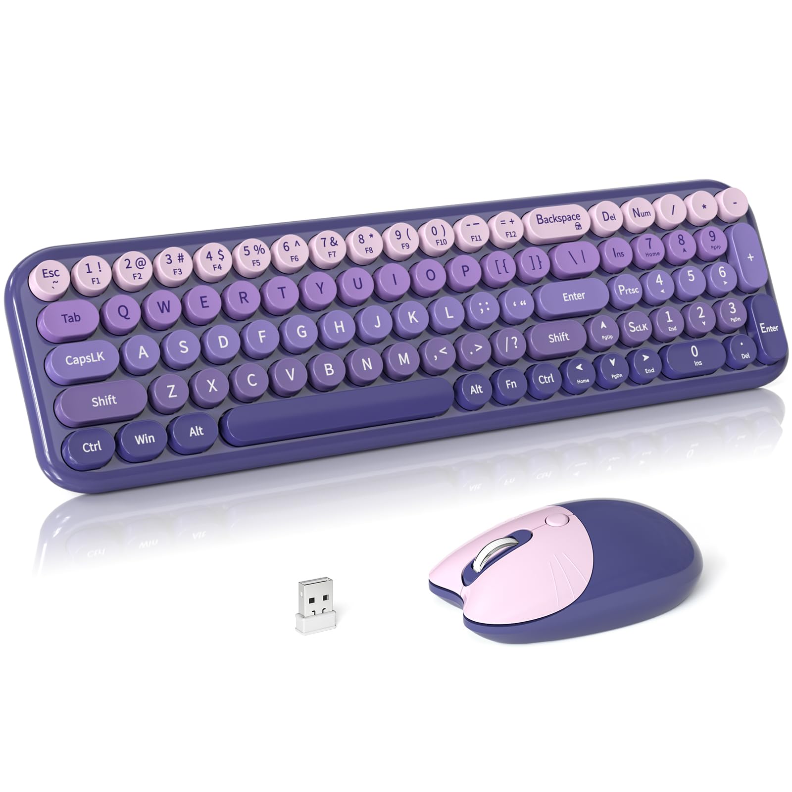 Wireless Keyboard and Mouse Combo, Meidosa 2.4GHz Colorful Full-Size Retro Typewriter Keyboard with Cat Shape 3 Level Adjustable Optical Mouse for PC/Desktop/Laptop/Windows (Purple Gradient)