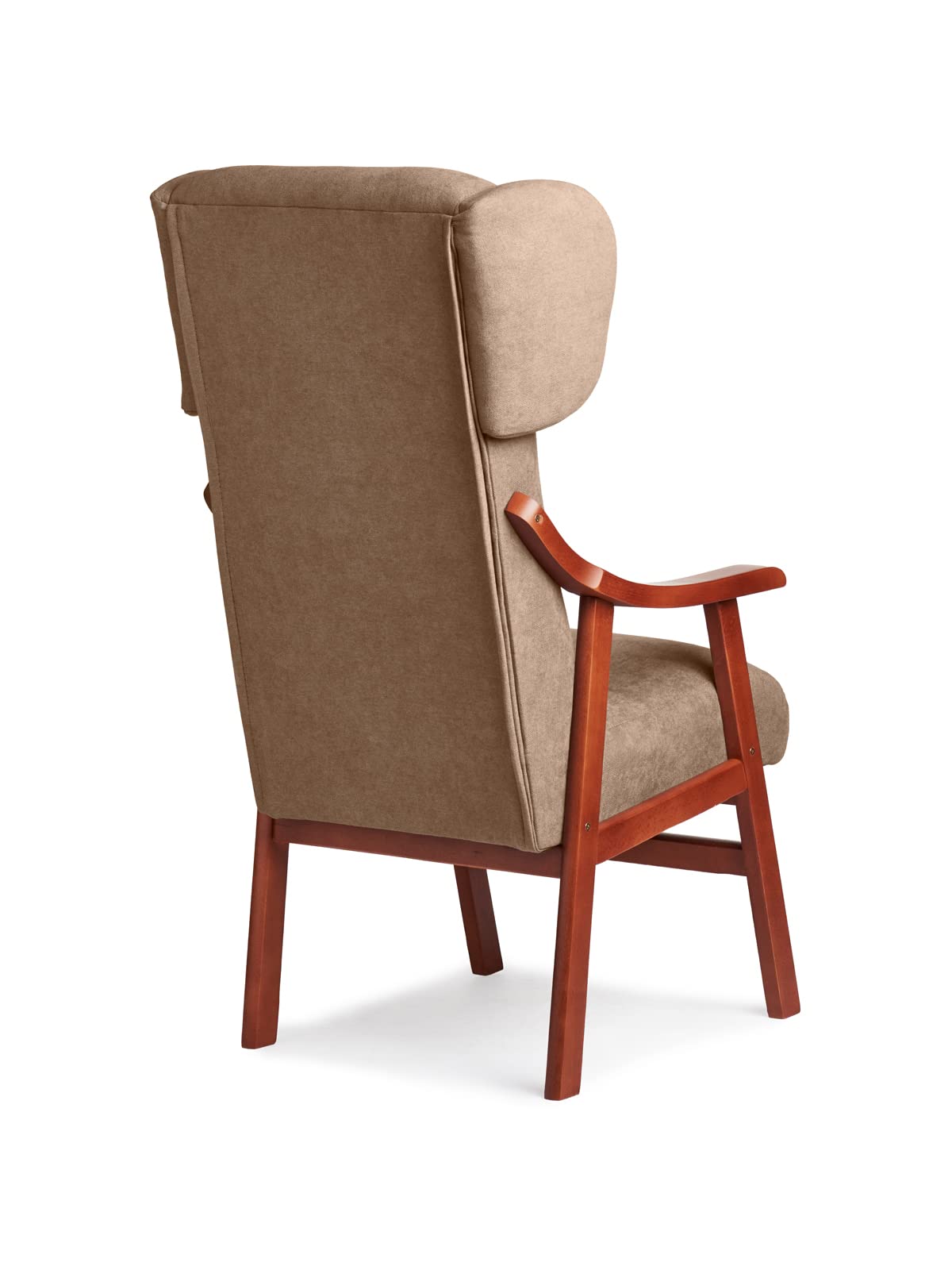 Silla Ergonómica con Brazos y Orejas Apoyacabeza en Madera de Cerezo. Tapizado Antimanchas para Personas Mayores o Geriátrico (115 x 71 x 57 cm) [Tostado]