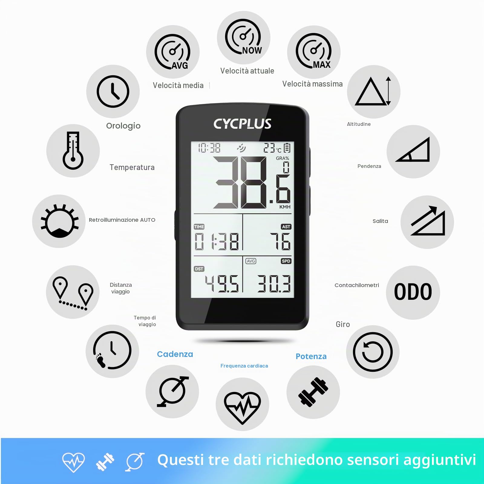 CYCPLUS ANT+ Computer per bicicletta GPS wireless, schermo LCD 2,8 pollici, batteria 100 ore, tachimetro retroilluminazione automatica