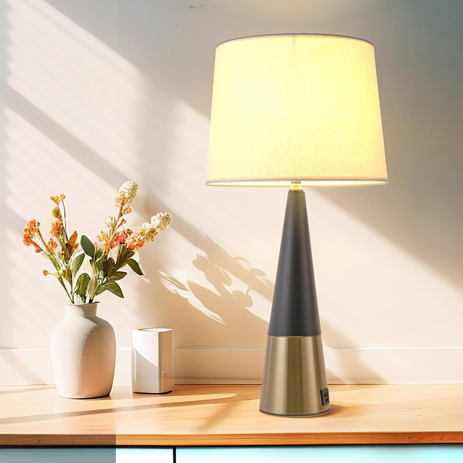 Bedside Lamps for Nightstand - Table Lamp for Bedroom, 22" Night Stand Light Farmhouse Lamps with Fabric Shade, USB Charging Desk Lamp for Living Room Office Dorm Reading, Bulb Included