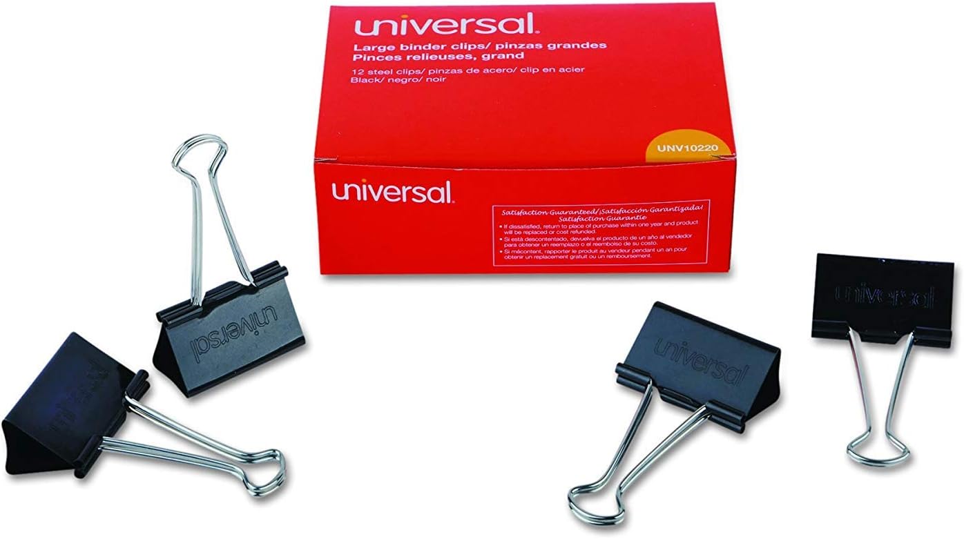 Universal 10220 Large Binder Clips, 1" Capacity, 2" Wide, Black (Box of 12), 6 Pack