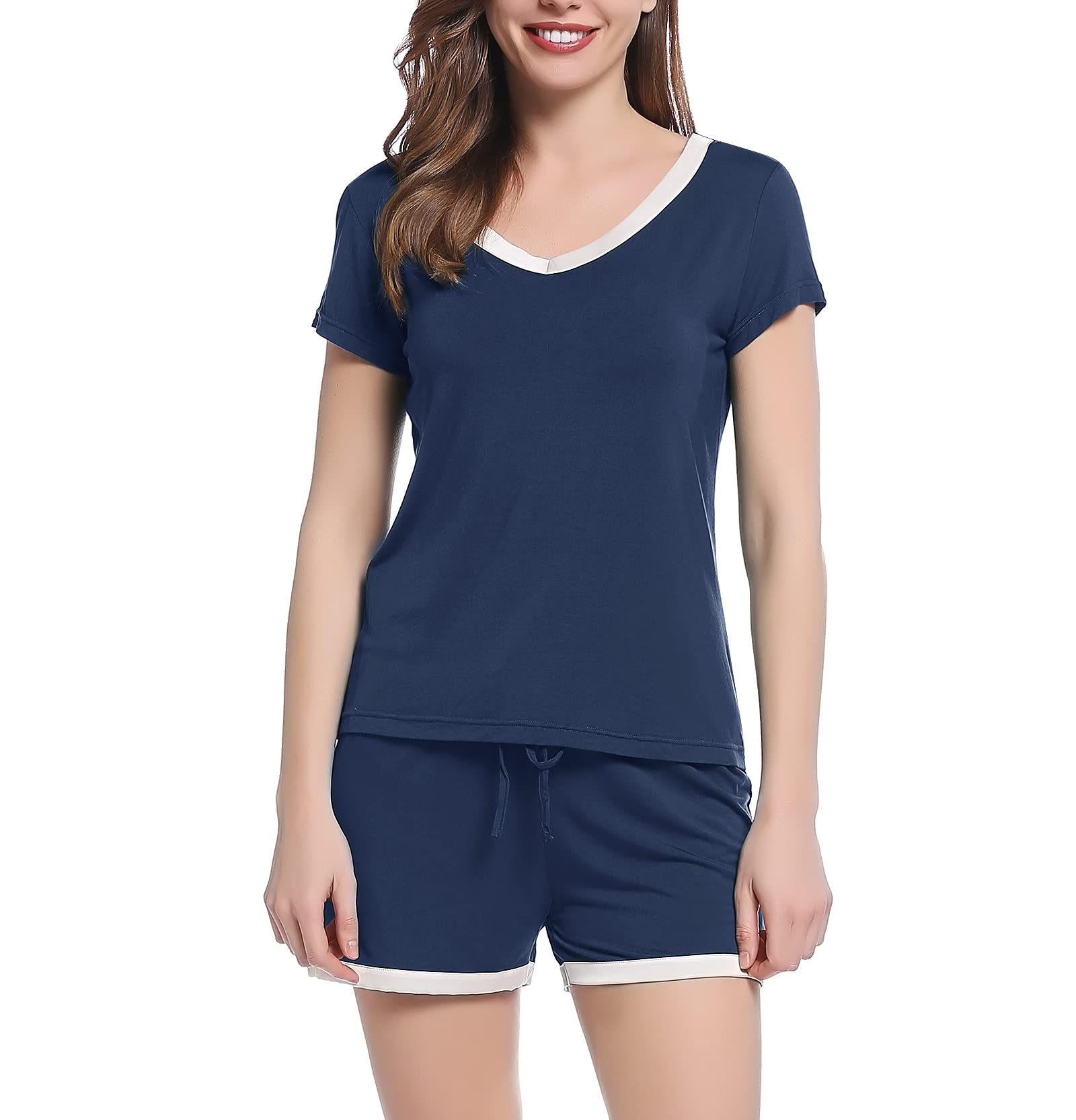 Amorbella Ladies Pj Shorts Set Breathable Short Sleeve Pajamas for Women Soft Summer Lounge Set for Menopause Moisture Wicking (Navy Blue,Medium)