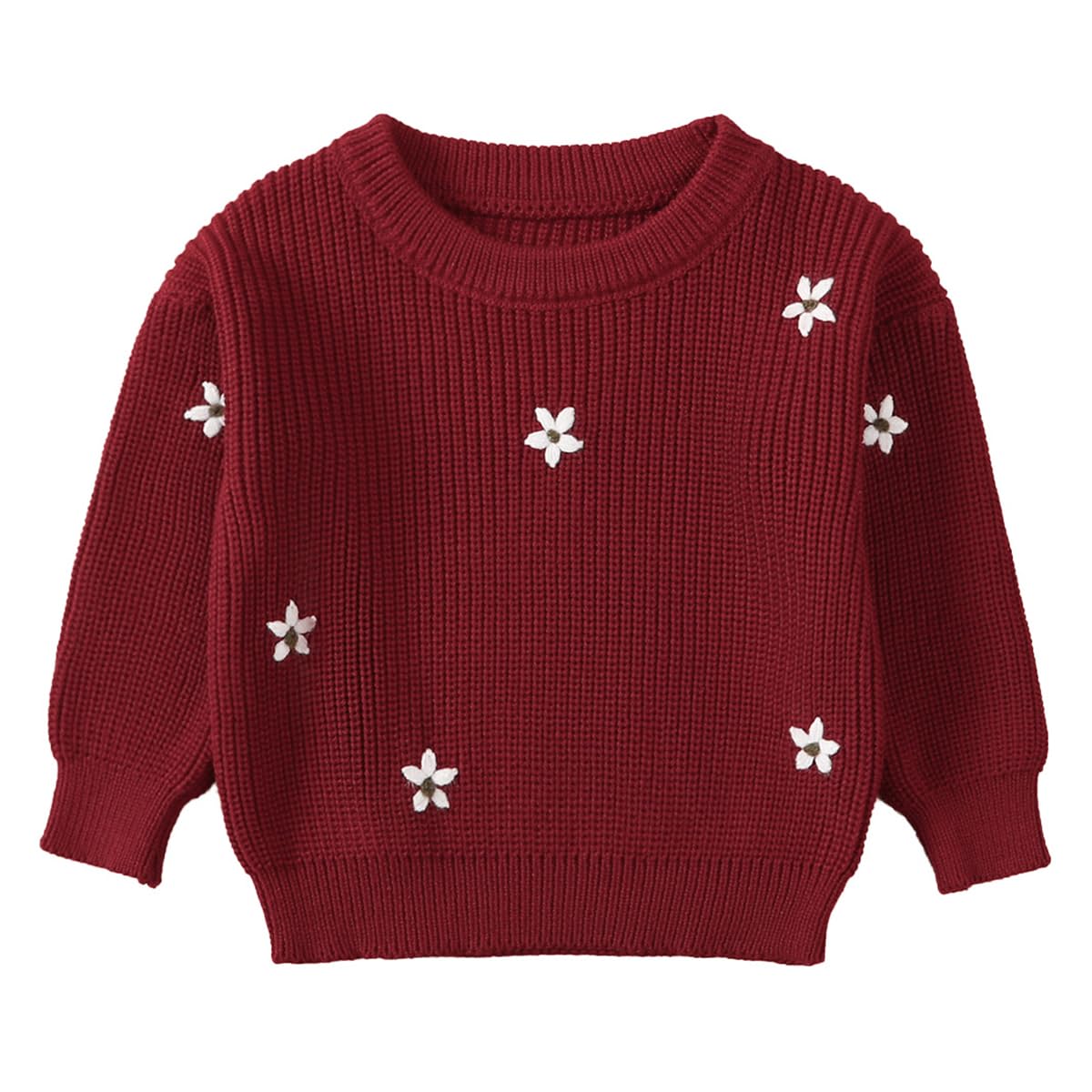 Suéter de Punto con Bordado Floral para Niñas Pequeñas Manga Larga Caliente Sudadera Pullover de Punto Cálida Jersey Ropa para Otoño e Invierno