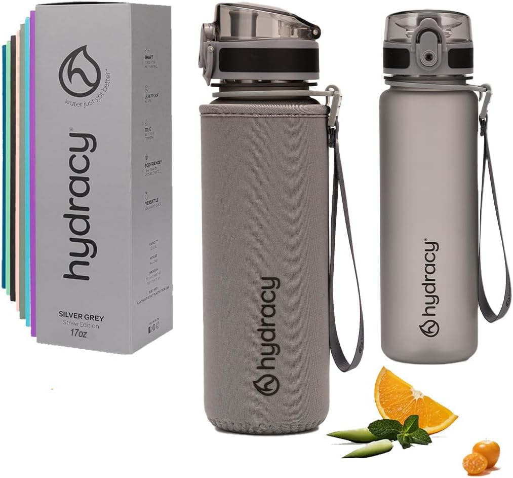 HydracyWater Bottle with Time Marker - 500 ml 17 Oz BPA Free Water Bottle - Leak Proof & No Sweat Gym Bottle with Fruit Infuser Strainer - Ideal for Fitness or Sports & Outdoors