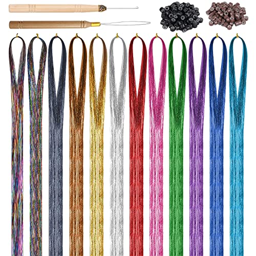 Oropel de Pelo, 12 Colores, 2400 Hilos, Cabello Sintético Brillante, Cabello Oropel, Extensión de Pelo de Oropel Brillante, con Herramientas, para Trenzado, Fiesta y Decoración Cover