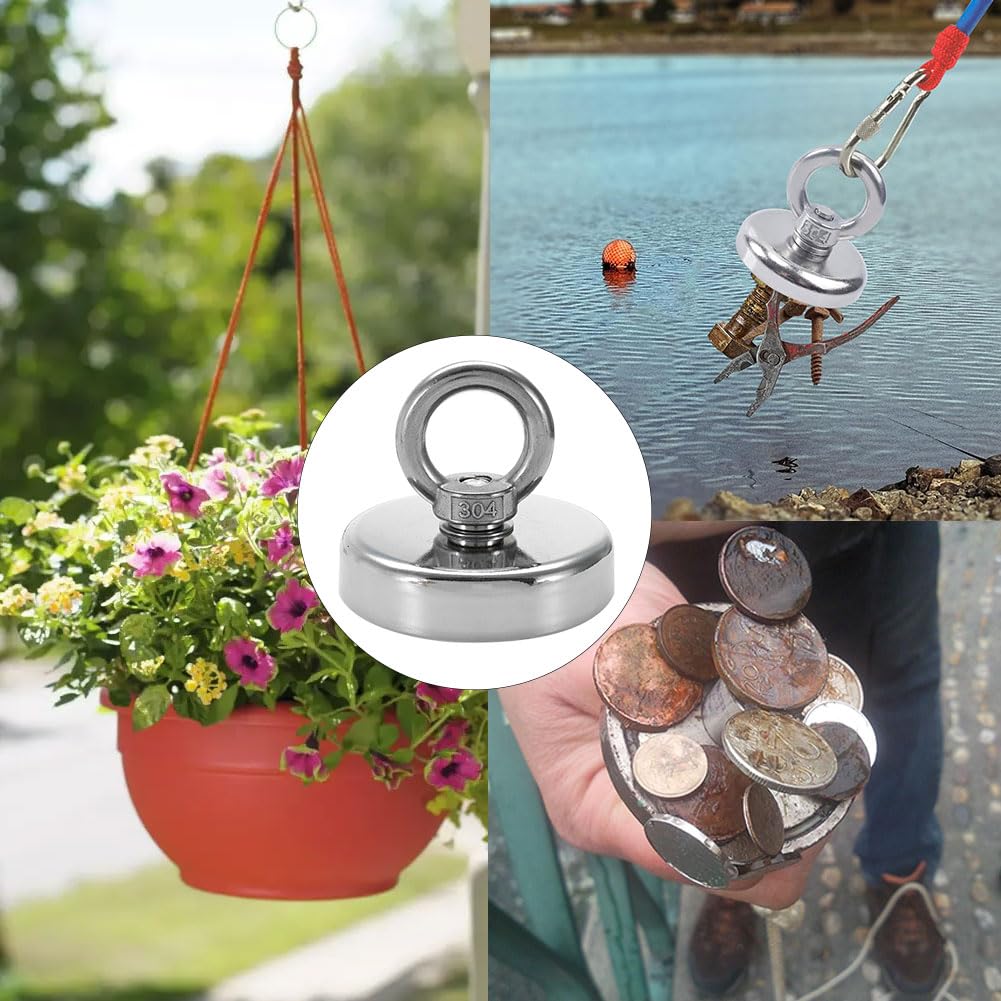 Magneti Neodimio Forza, Potente Magnete al Neodimio, con forza di 62 kg, Rotondo Magnete da Pesca Super Potente con Golfare, Calamite per Pesca Magnetica, Salvataggio Nel Fiume, Recupero di Oggetti