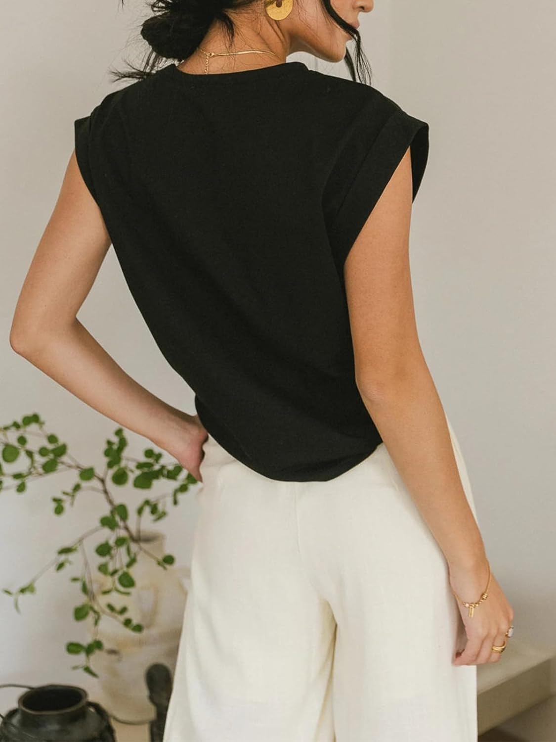 Womens Tie Knot Front Cropped T-Shirt Summer Casual Crew Neck Rolled Short Sleeve Crop Tops Tees - Image 4