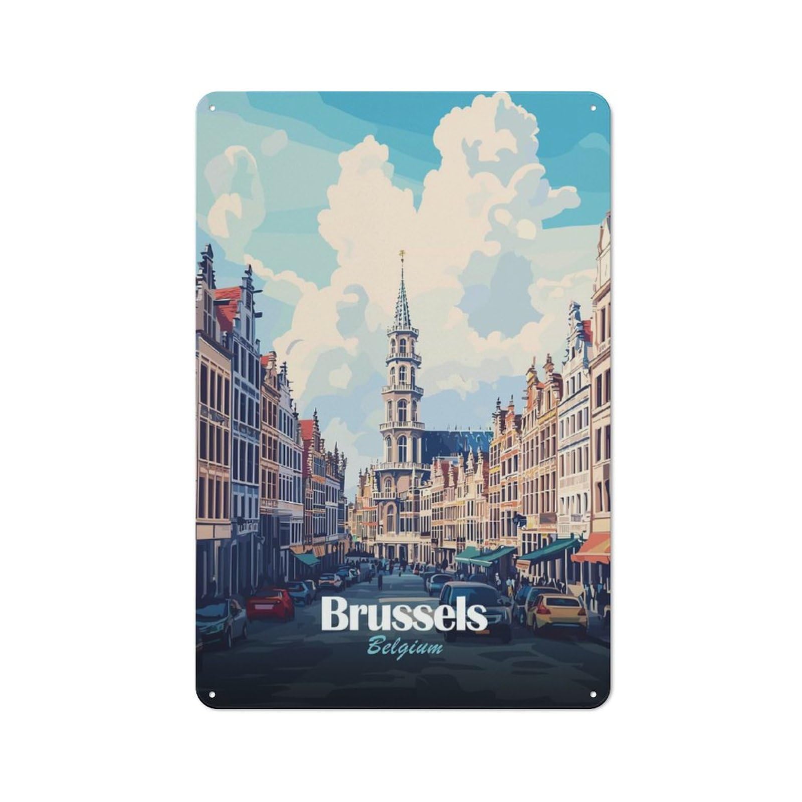 Junmoney Style-14 Brussels, Belgium Cityscape Illustration(2) Country Metal Wall Decor 30X20cm, Decorative Tin Sign For Farmhouse Kitchen, Pantry Or Dining Area