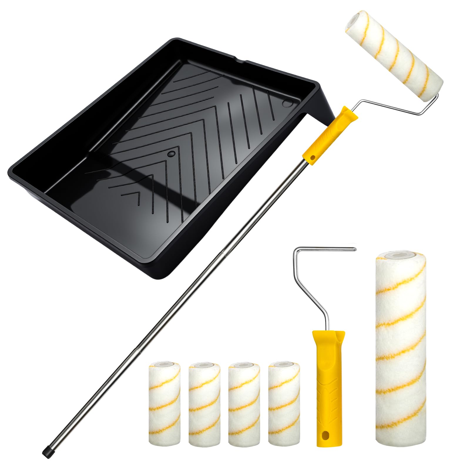 10 PCS Paint Roller Set with Extension Pole, Large & Small Rollers and Tray – Effortless and Precise Painting for Walls, Ceilings, Doors and Trim