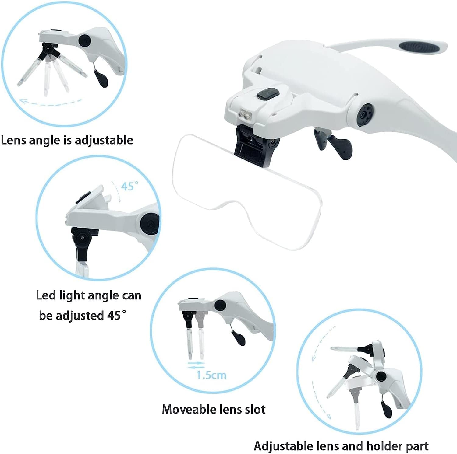 Lupe mit Kopfband, Lupenbrille mit LED-Lupe mit 1 x bis 3,5 x Zoom, Freisprecheinrichtung, 5 abnehmbare Linsen, für Freizeit, Lesen, Präzisionsarbeiten, Schmuck, etc.