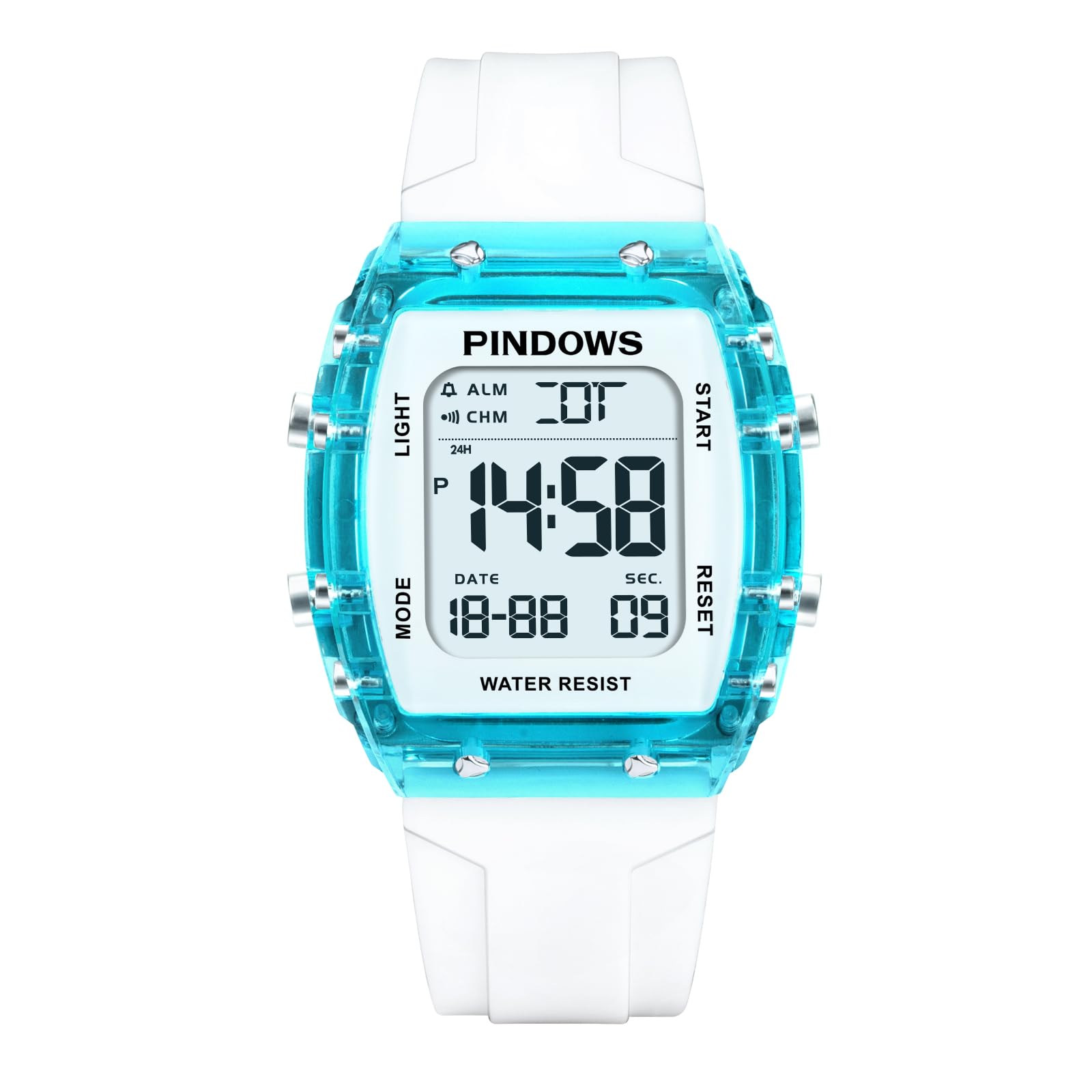 PINDOWS Digitale Sportuhr für Damen, transparentes Gehäuse, helles LED-Licht, 5 ATM wasserdicht, Stoppuhr-Alarm, Dualzeit, stilvolle Uhr für aktive Damen und Teenager