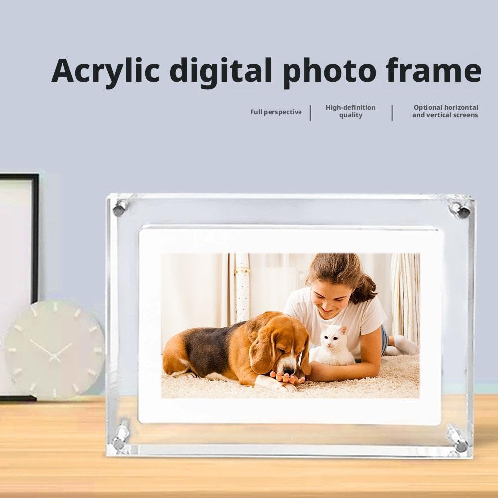 Marco de fotos digital de 5 pulgadas, marco de fotos digital WiFi integrado en memoria de 4 GB, diseño acrílico F-rame, pantalla táctil IPS, fácil de compartir fotos o videos en cualquier lugar