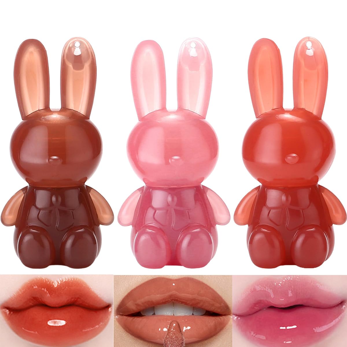 Juego de 3 brillos de labios hidratantes de conejo, esmalte labial líquido de gelatina hidratante, antiadherente impermeable, de larga duración, lindo maquillaje